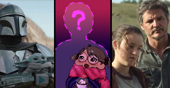 On the left is the Mandalorian (played by Pedro Pascal) holding Baby Yoda. On the right is Joel (played by Pedro Pascal) from the TV version of The Last of Us, standing with Ellie. In the middle is an illustration of a Boba-tan as a young child, looking up at a mysterious silhouette of an adult figure.